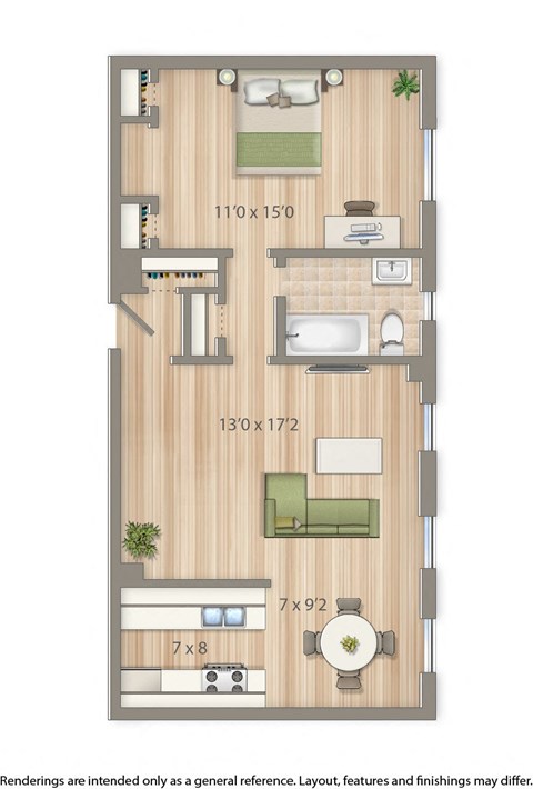Floor plan for 1 bed, 1 bath, 628 sqft